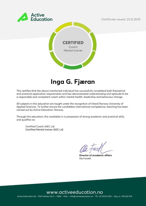 Sertifikat fra Active Education: Inga G. Fjæran, Certified Coach og Mental trainer, AEC L4